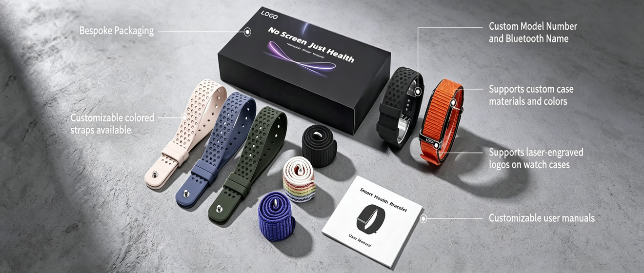 Complete smart band branding project showing device with custom logo, retail packaging box, user manual, product labels and accessories laid out together