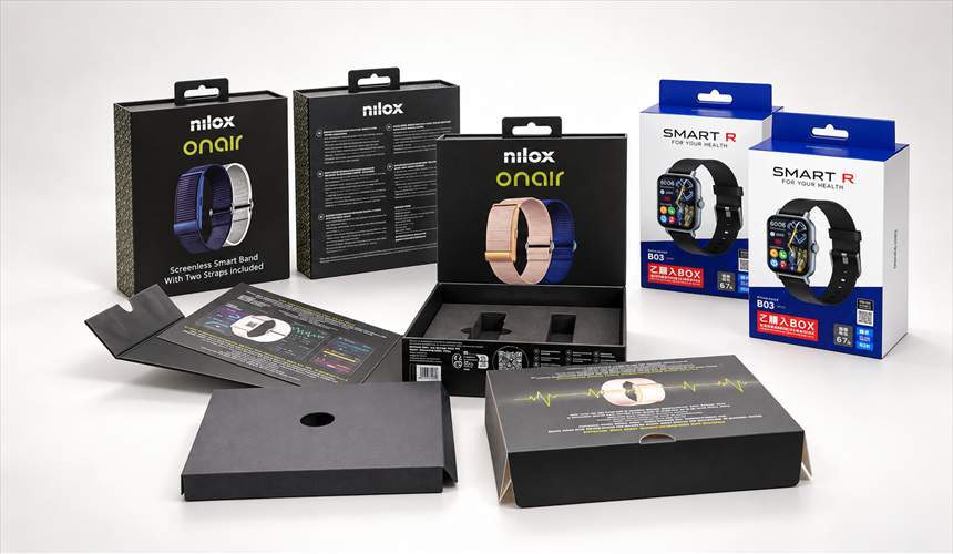 Custom branded retail packaging for smart watch with product box, inserts and accessories laid out