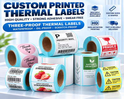 Product labels with barcode, SKU, serial number and certification marks